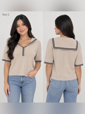 Sioni Beige Sailor-Collar Short Sleeve Sweater with Black Trim